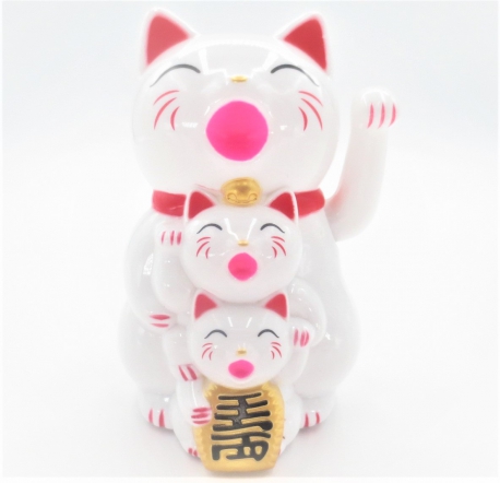 Lucky Cat Wit familie met Beweegbare Arm (M)