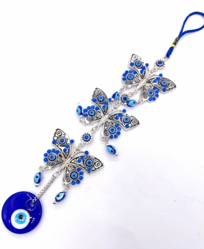 blauwe boze oog hanger met 3 vlinders