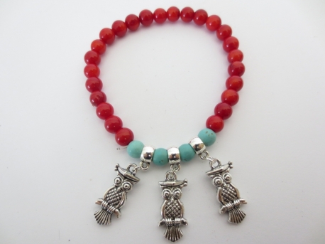 Rood Koraal armband met 3 uilen hangers