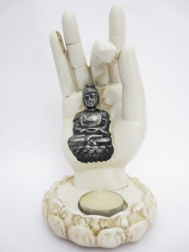 Witte Boeddha hand wierook/theelichthouder