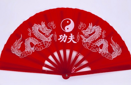 Tai Chi waaier rood met draken en Yin Yang