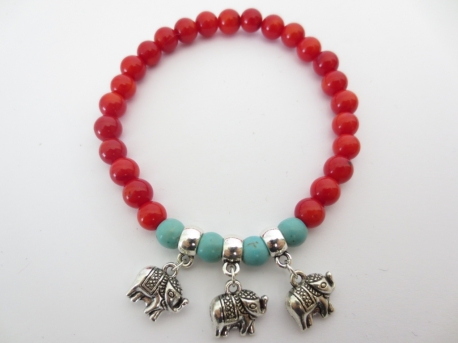 Rood Koraal armband met 3 olifanten hangers