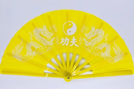 Tai Chi waaier geel met draken en Yin Yang