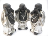 middel Horen, Zien, Zwijgen Lachende Boeddha zilver/zwart staand