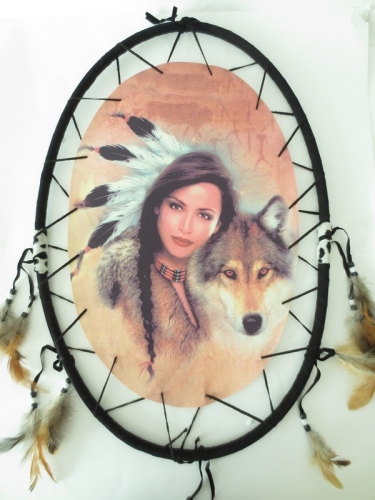 Ovaal Dromenvanger Indiaanse vrouw met wolf