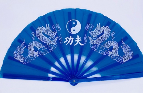 Tai Chi waaier blauw met draken en Yin Yang