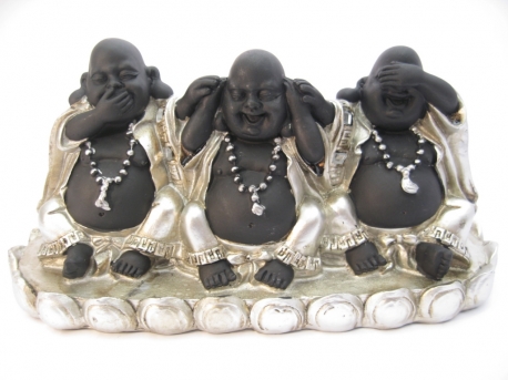 Groothandel - Klein Horen, Zien, Zwijgen Lachende Boeddha zilver/zwart op plank
