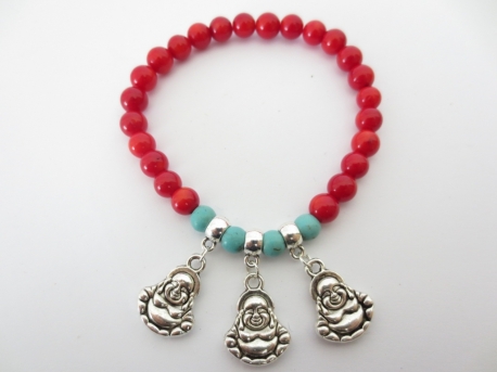 Rood Koraal armband met 3 Boeddha hangers
