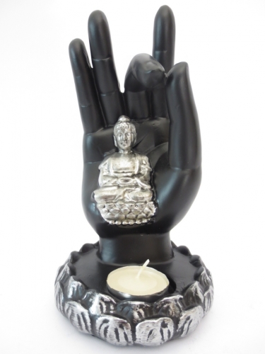Zwarte Boeddha hand wierook/theelichthouder