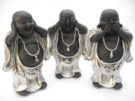 middel Horen, Zien, Zwijgen Lachende Boeddha zilver/zwart staand