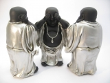 Groothandel - Middel Horen, Zien, Zwijgen Lachende Boeddha zilver/zwart staand