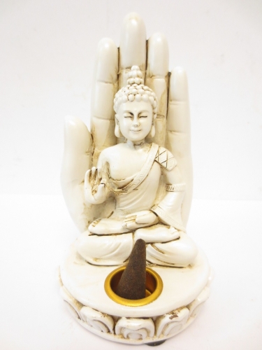 Wierookhouder Boeddha met hand wit middel